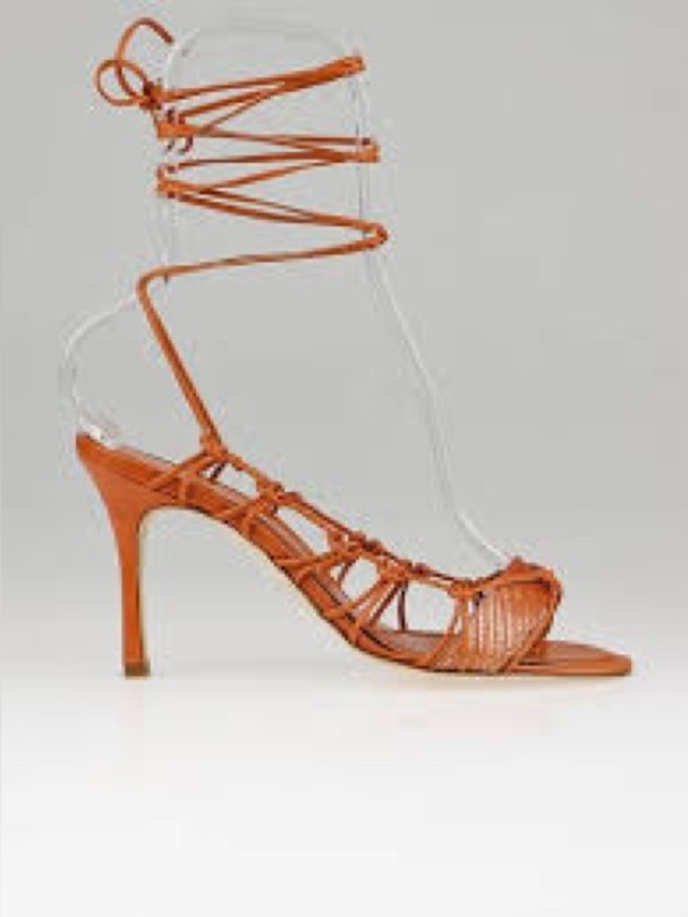 Vintage Manolo Blahnik Strappy Knotted String Wrap Tie Open Toe Heels Orange Tan - Picture 7 of 8